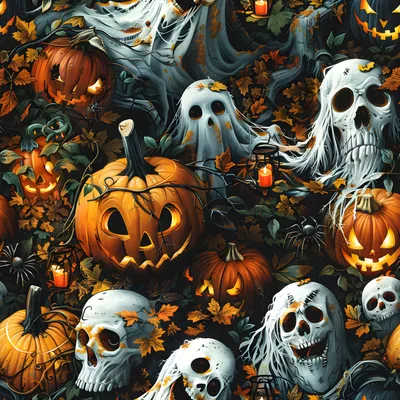a bunch of skulls and pumpkins in a field