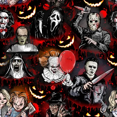 a bunch of horror characters in red and black