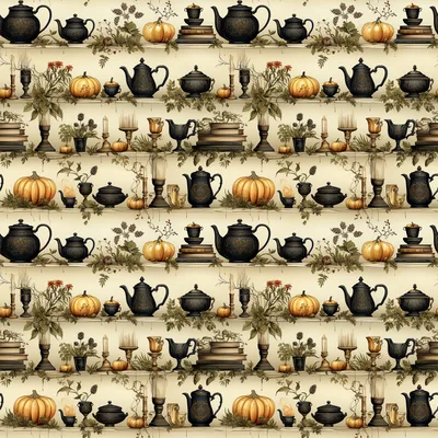 a seam of teapots and pumpkins on a shelf