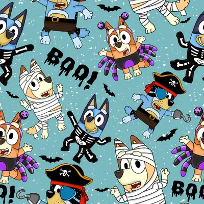 a cartoon dog pattern with many different characters